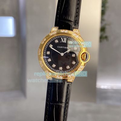 Replica Ballon Bleu De Cartier Watch Black Dial Black Leather band  Diamonds Bezel  36mm